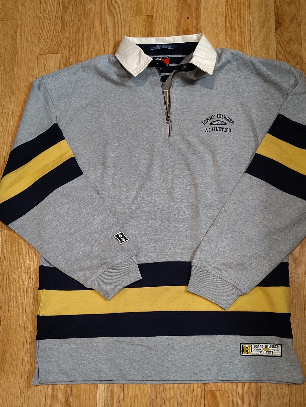 Tommy Hilfiger Gray Rugby Quarter-Zip Sweater with Navy & Yellow Stripes